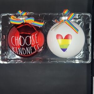 2 Rae Dunn Glass Christmas Ornaments Rainbow Pride LGBTQ Choose Kindness Heart